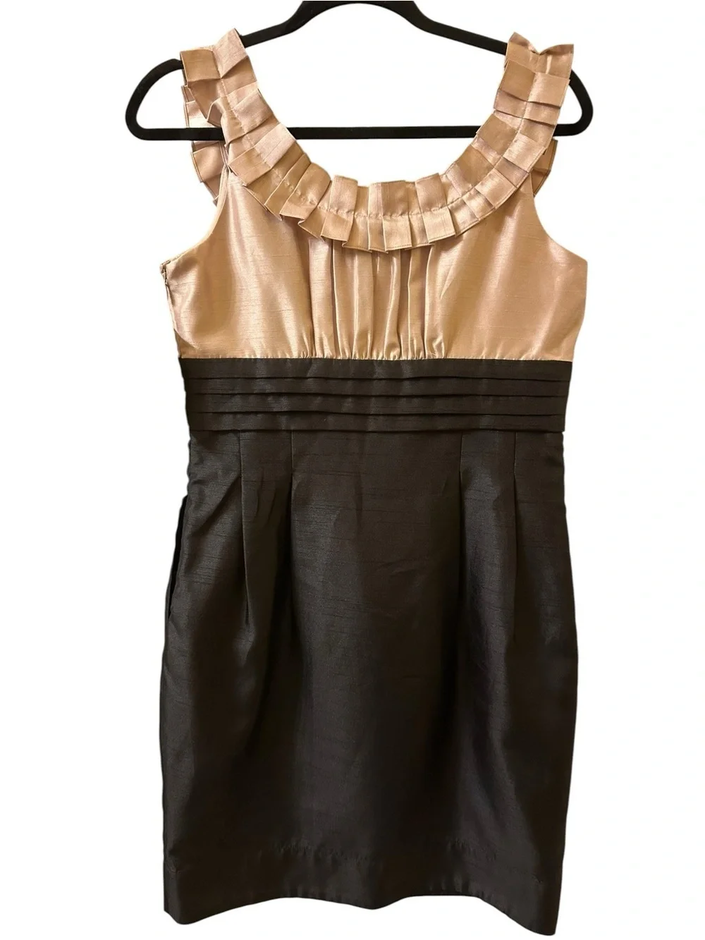 Jessica Howard Two-Tone Satin Ruffle Neck Dress - Champagne and Black size 8